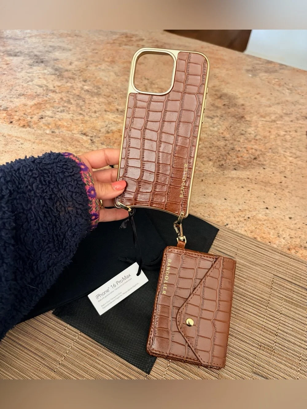 Bandolier Brown Croc Leather Crossbody Phone Case Set with Card Holder & Strap